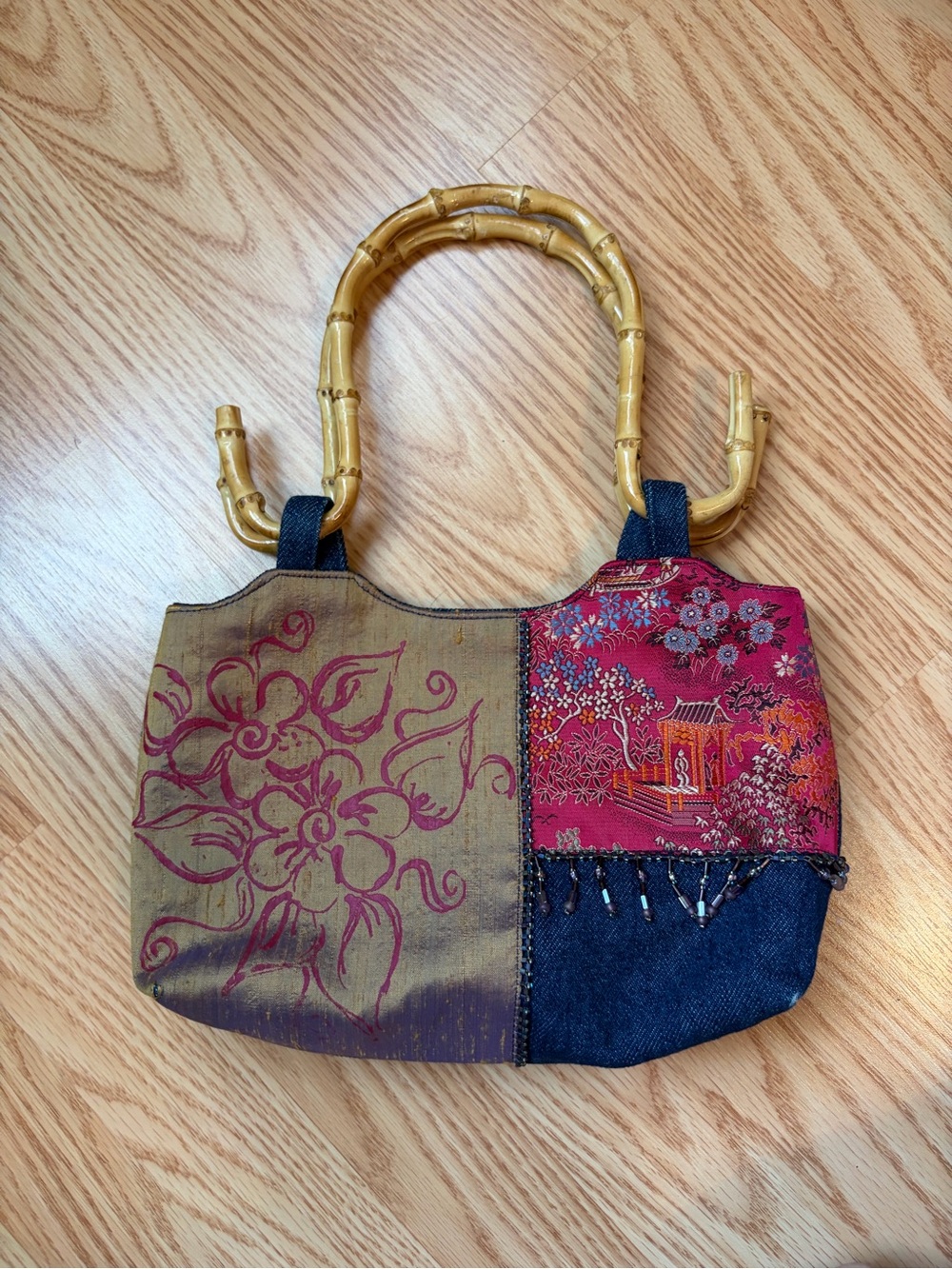 Boho Asian Bamboo Handle Patchwork Tote - Red, Gold, Denim embroidery